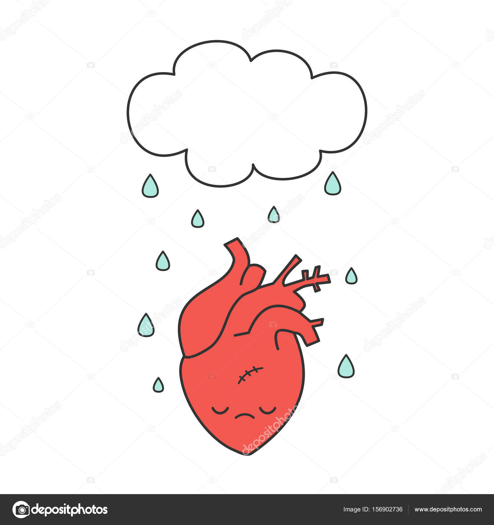 Coeur Humain Triste Dessin Animé Mignon Et Nuage De Pluie