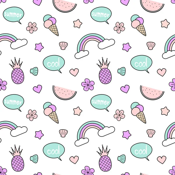 Cute colorful seamless vector pattern background illustration with pineapples, rainbow, speech bubble, ice cream, stars, hearts, shellfishes and flowers — Stock Vector