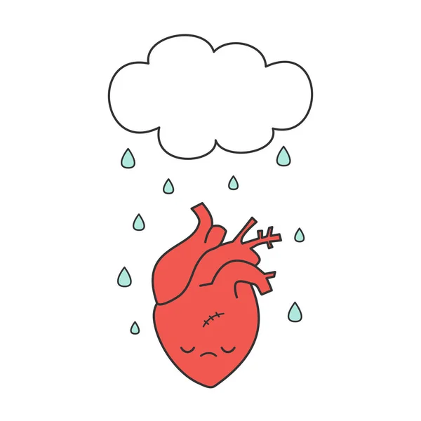 Carino cartone animato triste cuore umano e nube con pioggia vettore concetto illustrazione — Vettoriale Stock