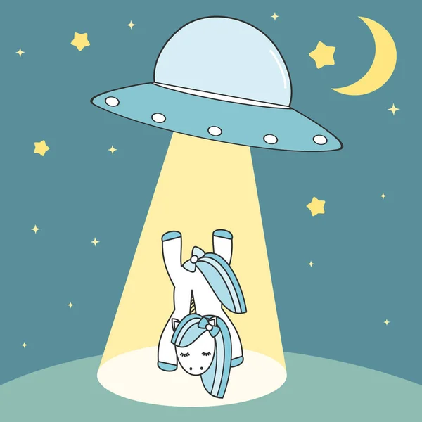 Unicorn abducted by ufo cute cartoon vector illustration — Stock Vector