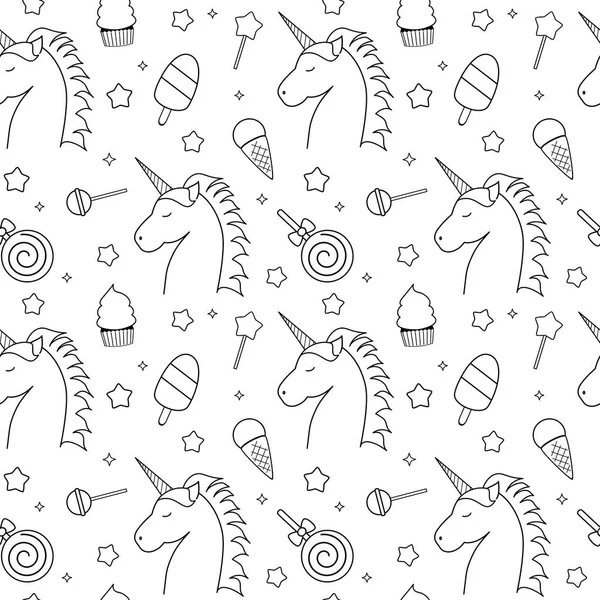 Śliczne czarno-białe wektor wzór tła ilustracji z jednorożca, cukierki, lizak, lody, gwiazd i ciastko — Wektor stockowy