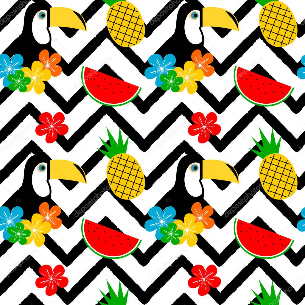 colorful tropical seamless vector pattern background illustration with toucan, flowers, watermelon and pineapple