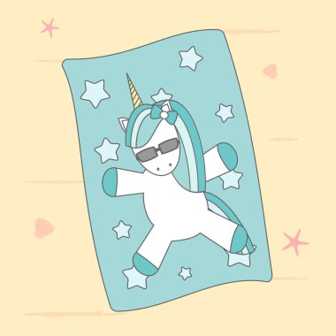 sevimli çizgi tek boynuzlu at, plaj komik vektör çizim