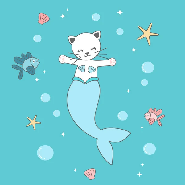 Mignon dessin animé sirène chat sous la mer vecteur drôle illustration — Image vectorielle