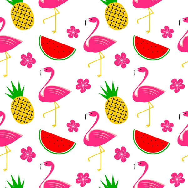 Bonito colorido padrão vetorial sem costura fundo ilustração com flamingos, melancia, abacaxi e flores —  Vetores de Stock