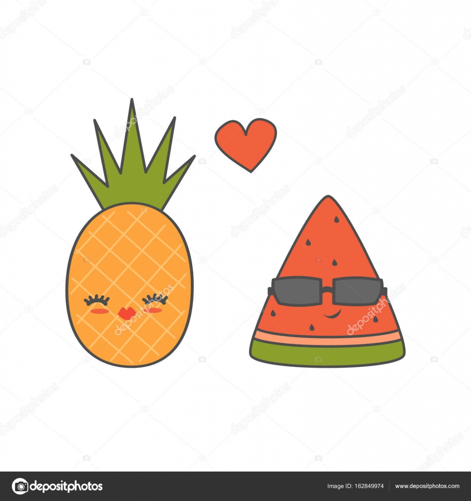 Cute cartoon watermelon slice with sunglasses and pineapple vector