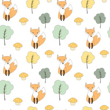 sevimli sonbahar sonbahar sorunsuz vektör desen arka plan illüstrasyon fox, ağaç ve mantar ile