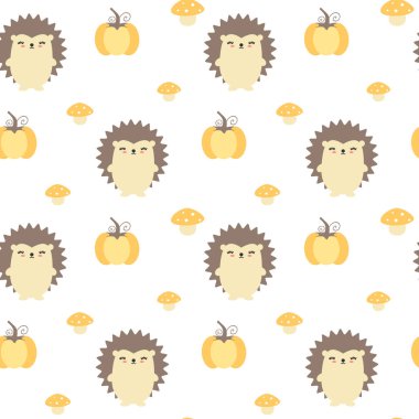 sevimli sonbahar sonbahar sorunsuz vektör desen arka plan illüstrasyon kirpi, kabak ve mantar ile