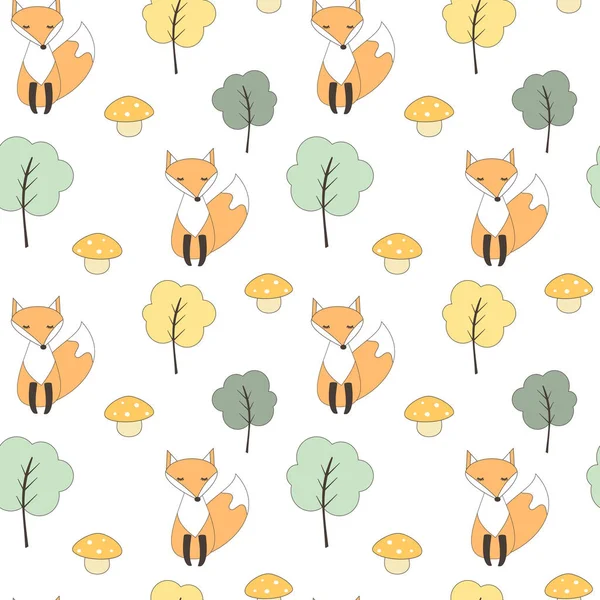 Cute fall autumn seamless vector pattern background illustration with fox, trees and mushrooms — Stock Vector