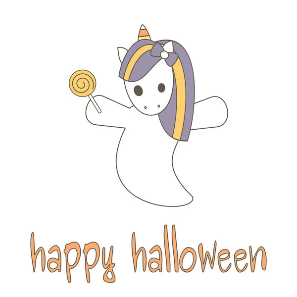 Linda mano dibujada feliz halloween lettering tarjeta vectorial con unicornio fantasma — Vector de stock