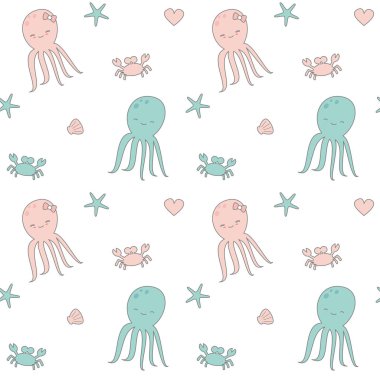 sevimli çizgi kesintisiz vektör desen arka plan illüstrasyon ahtapot, deniz hayvanı kabuğu, kalp, yengeç ve deniz yıldızı