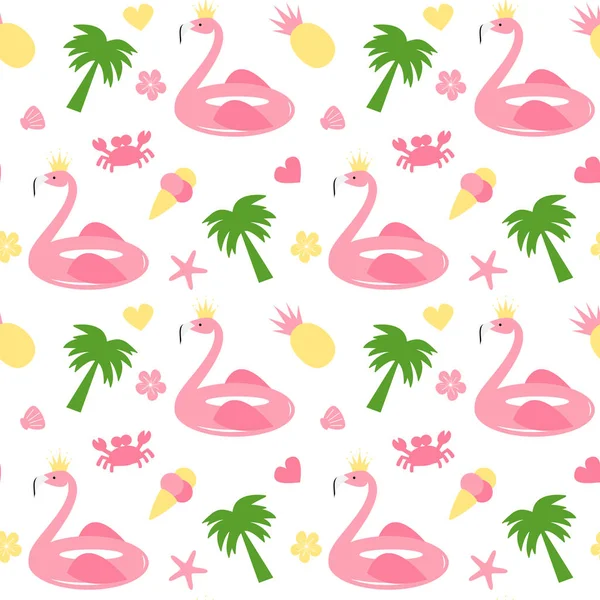 Bonito flamingo float sem costura vetor padrão de fundo ilustração com palmeira, sorvete, caranguejo, abacaxi, concha, estrela do mar e flores — Vetor de Stock