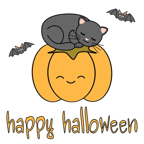 Lindo dibujo animado mano dibujado letras feliz halloween vector tarjeta con gato negro durmiendo en una calabaza sonriente — Vector de stock