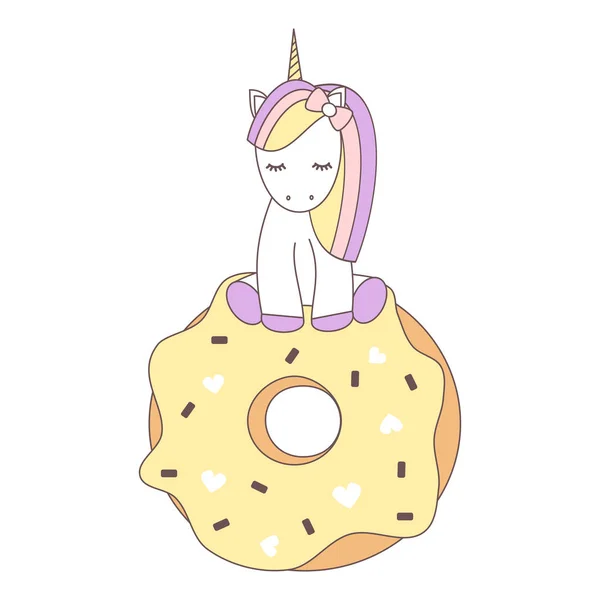 Cute vector cartoon lovely unicorn sitting on a big donut — Stock Vector