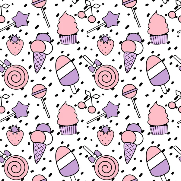Confeti negro dibujado a mano sobre fondo blanco simple abstracto patrón vectorial sin costura ilustración con caramelos de colores — Archivo Imágenes Vectoriales