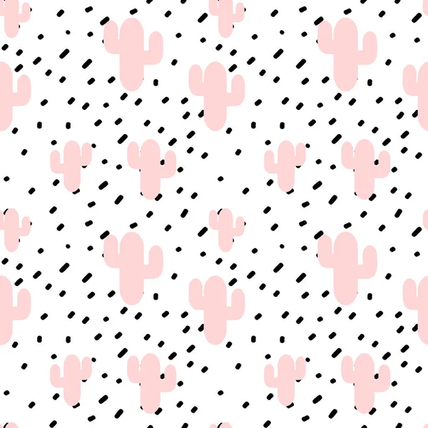 Confeti negro dibujado a mano sobre fondo blanco simple abstracto patrón vectorial sin costura ilustración con cactus rosa — Vector de stock
