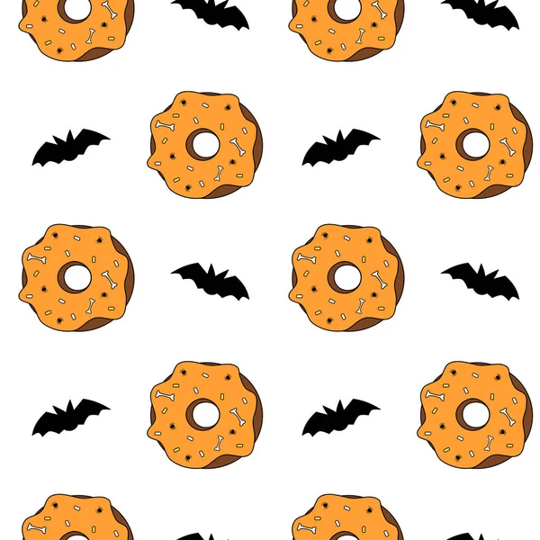 Bonito desenho animado halloween sem emenda vetor padrão fundo ilustração com rosquinhas e morcegos —  Vetores de Stock