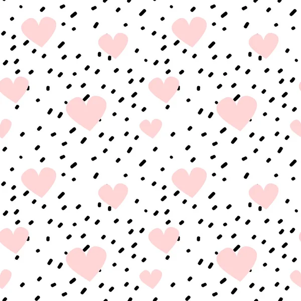 Confeti negro dibujado a mano sobre fondo blanco simple abstracto patrón vectorial sin costura ilustración con corazones rosados — Vector de stock