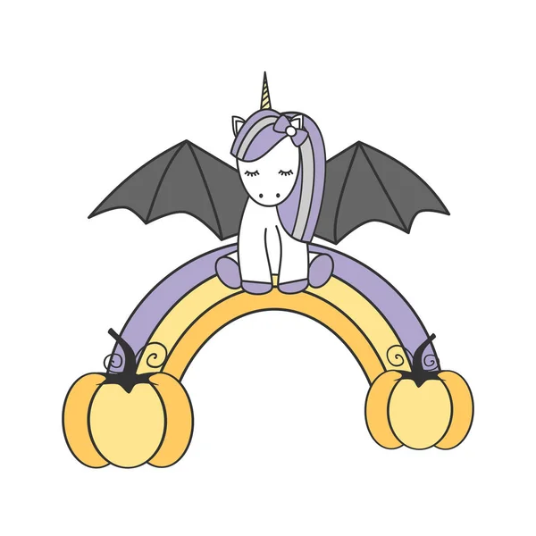 Drăguț frumos desen animat vector liliac unicorn stând pe curcubeu de Halloween — Vector de stoc