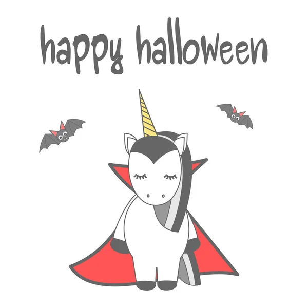 Mão desenhada lettering feliz halloween vetor cartão com bonito cartoon vampiro unicórnio — Vetor de Stock