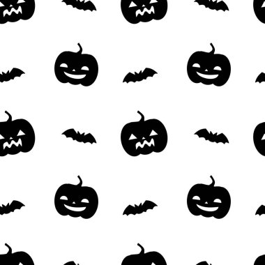 siyah ve beyaz Cadılar Bayramı sorunsuz vektör desen arka plan çizim kabaklar ve yarasalar ile