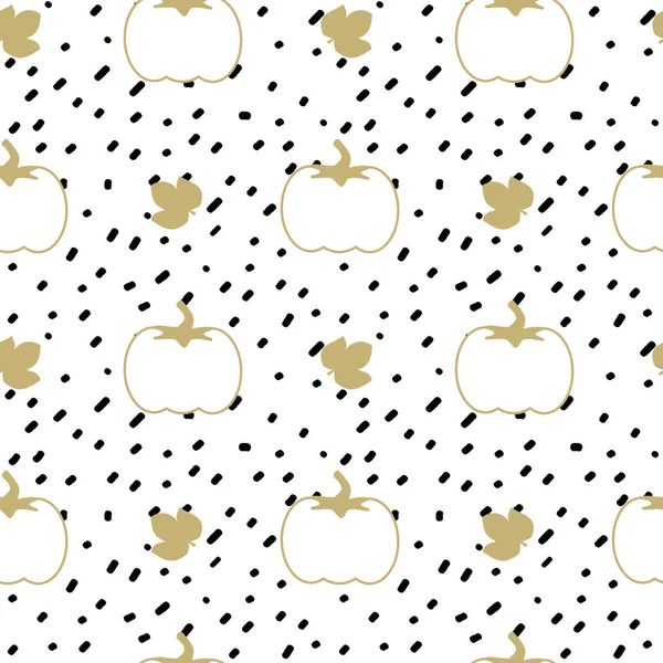 Hand drawn black confetti on white background simple abstract seamless vector pattern illustration with white and gold pumpkins — Stock Vector