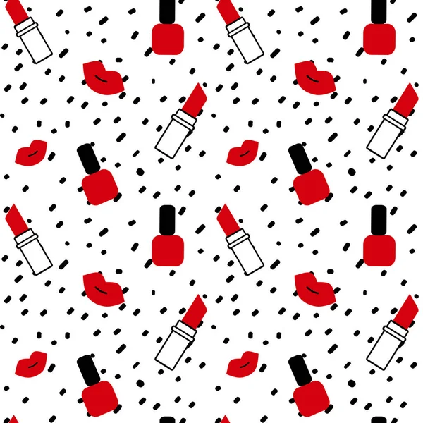 Confettis noirs dessinés à la main sur fond blanc illustration vectorielle abstraite simple sans couture avec lèvres rouges, rouges à lèvres et vernis à ongles — Image vectorielle