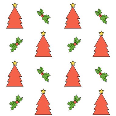 sevimli çizgi Noel sorunsuz vektör desen arka plan illüstrasyon ağaçlar ve holly ile
