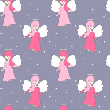 sevimli sevimli çizgi kesintisiz vektör desen arka plan illüstrasyon meleklerle yıldızlarla gökyüzünde