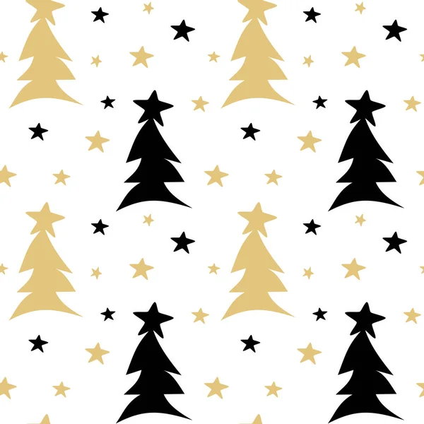 Dessin à la main en or blanc noir motif vectoriel sans couture illustration de fond avec des arbres de Noël abstraits et des étoiles — Image vectorielle