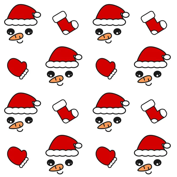 Söt härlig jul sömlös vektor mönster bakgrund illustration med snögubbe med Tomtens mössa, handskar och strumpor — Stock vektor