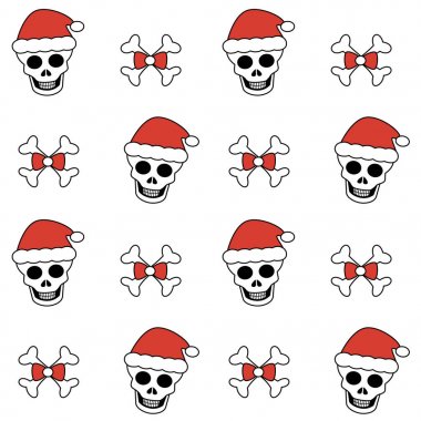 sevimli güzel Noel sorunsuz vektör desen arka plan illüstrasyon kafatası Noel Baba'nın şapka ve kemik ile
