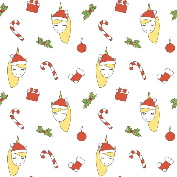 Cute Christmas Seamless Vector Pattern Background Illustration Unicorn Santa Hat — Stock Vector