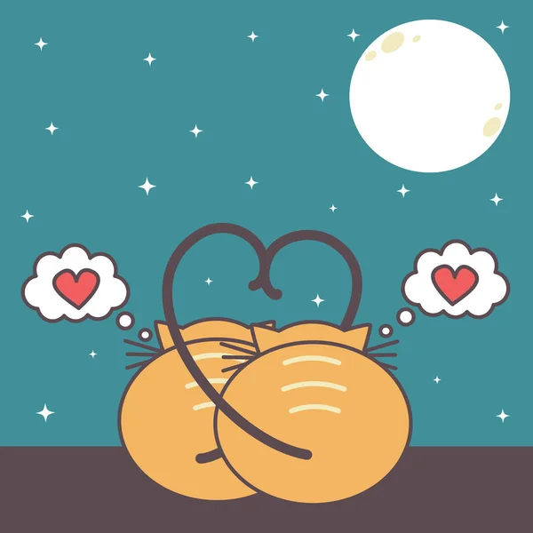 Dois Gatos Apaixonados Ver Lua Bonito Romanitc Cartoon Vetor Ilustração — Vetor de Stock