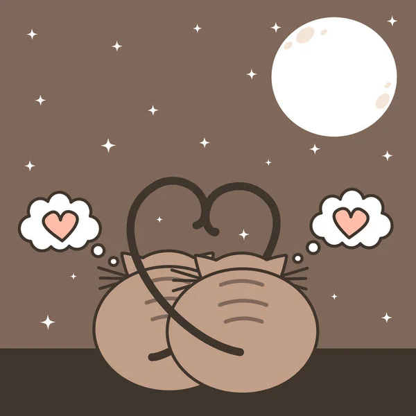 Twee Katten Liefde Kijken Naar Maan Schattig Romanitc Cartoon Vectorillustratie — Stockvector