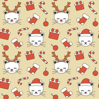 sevimli güzel Noel sorunsuz vektör desen arka plan illüstrasyon boynuzları ve Noel Baba'nın şapkalar, hediye kutusu, şeker kamışı, kedilerle ile topları