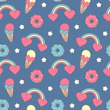 şirin renkli kesintisiz vektör desen arka plan illüstrasyon gökkuşakları, kalp, dondurma, çörek, yıldız ile
