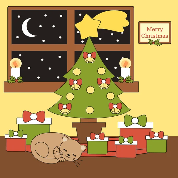 Noel Ağacı Hediyeler Uyku Yalan Bir Kedi Çizgi Film Vektör — Stok Vektör