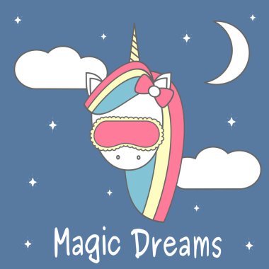 uyku maskesi ile sevimli sevimli çizgi vektör tek boynuzlu at