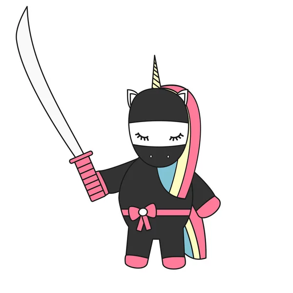 Kartun Lucu Vektor Ninja Unicorn Dengan Pedang - Stok Vektor