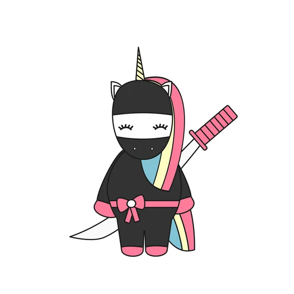 Lucu Gambar Kartun Dengan Ninja Unicorn Dengan Pedang - Stok Vektor