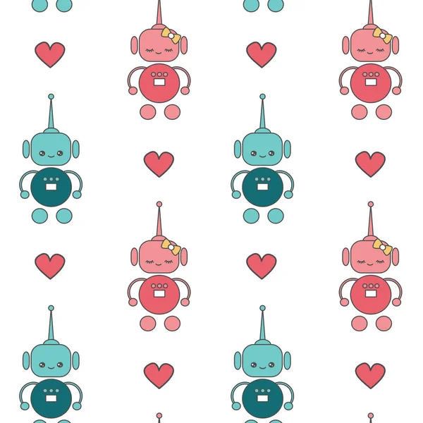 Söt Härlig Tecknad Robotar Kärlek Sömlös Vektor Mönster Bakgrund Illustration — Stock vektor