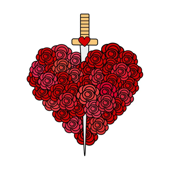 かわいい漫画のベクトル心剣と薔薇 — ストックベクタ