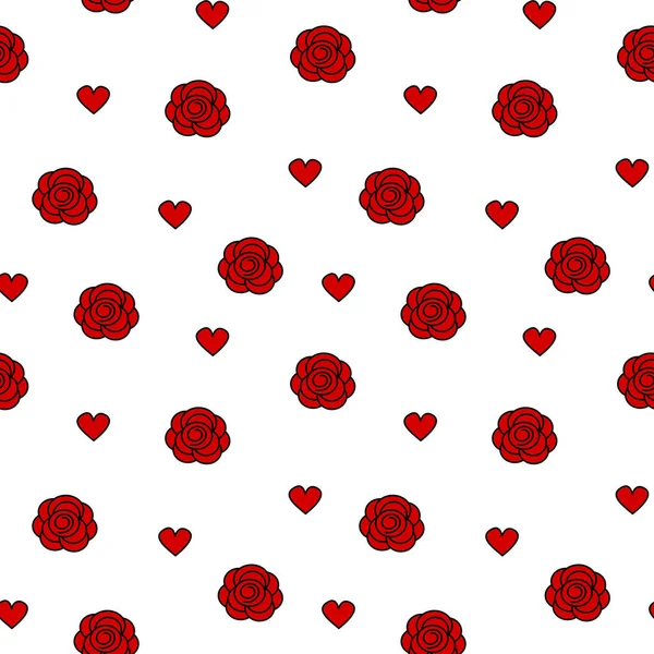 Leuke Mooie Naadloze Patroon Achtergrond Vectorillustratie Met Rode Roos Hart — Stockvector