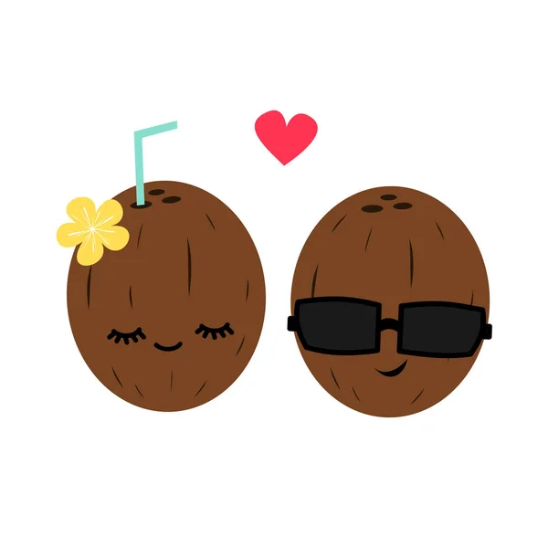 Mignon Couple Noix Coco Dessin Animé Dans Illustration Vectorielle Amour — Image vectorielle
