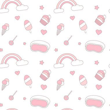 sevimli pembe ve beyaz sorunsuz vektör desen arka plan illüstrasyon gökkuşağı, dondurma, yıldız, Kalpler, lolipop, uyku maskesi ve cupcakes