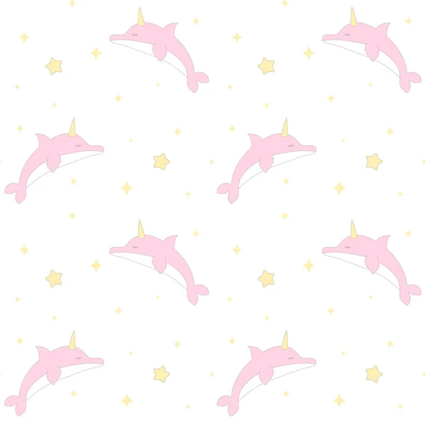 Милый Мультяшный Розовый Единорог Дельфины Бесшовные Векторные Картины Фон Иллюстрации — стоковый вектор