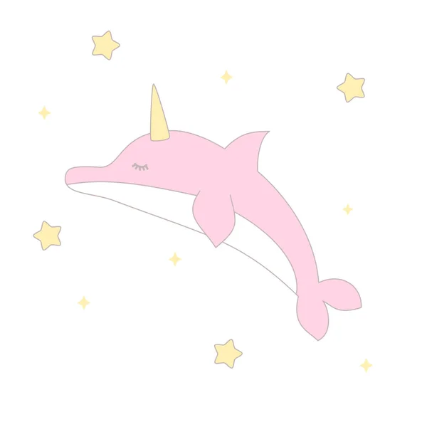 Roztomilý Kreslený Vektor Růžový Jednorožec Delfín — Stockový vektor