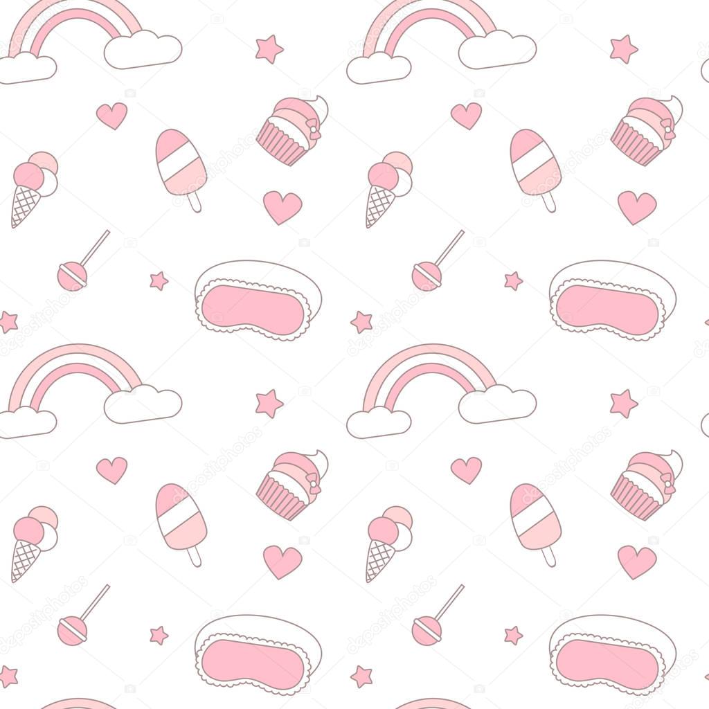 cute pink and white seamless vector pattern background illustration with rainbow, ice cream, stars, hearts, lollipops, sleeping mask and cupcakes