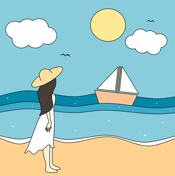 晴れた日に海を見て女の子とかわいい漫画のベクトル図 — ストックベクタ